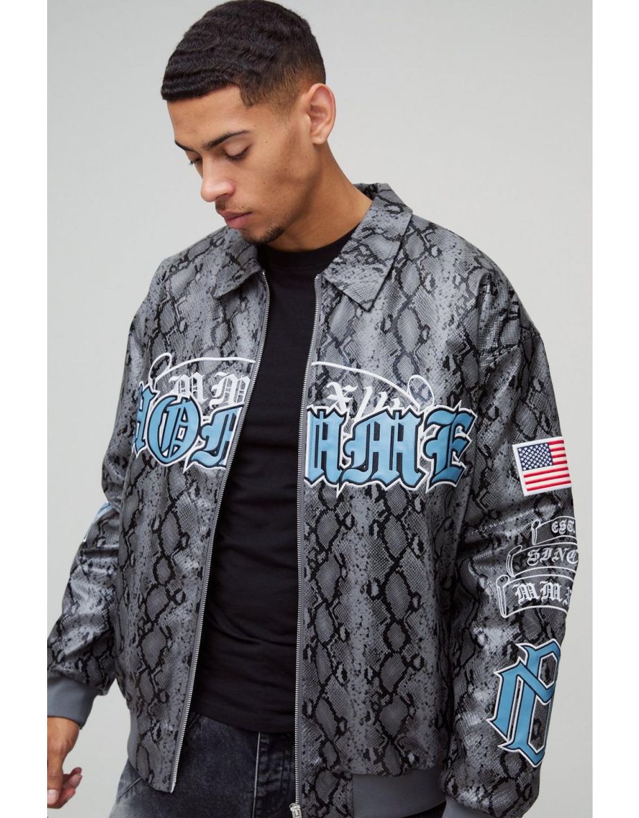Oversized Snake Homme Applique Varsity Collared Bomber Jacket
