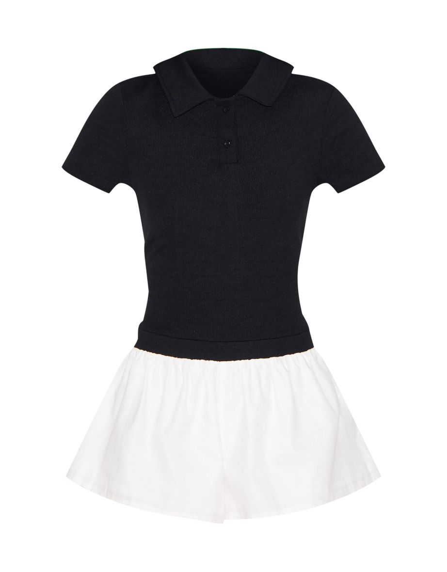 Black Rib Polo Collar Detail Skort Playsuit - 4