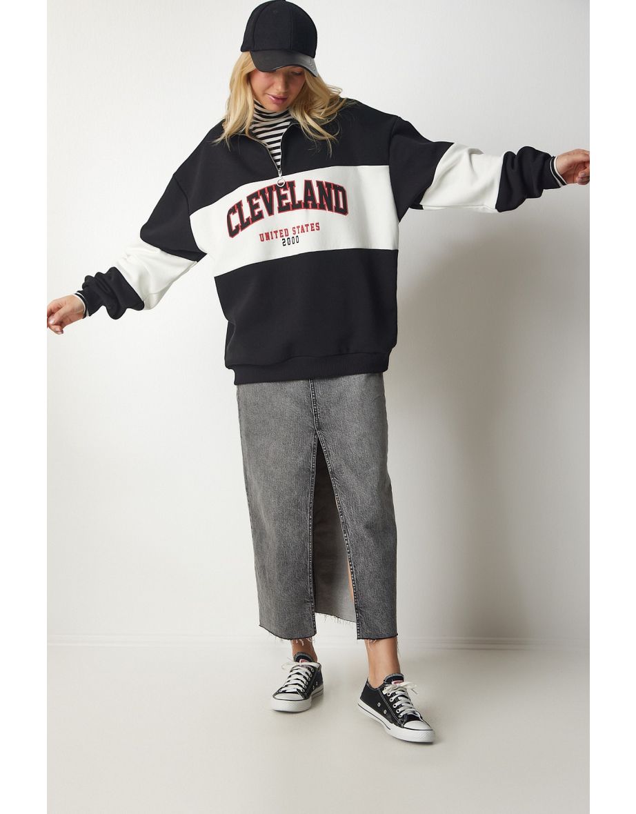 Women's Black and White Color Block Print Oversized Sweatshirt