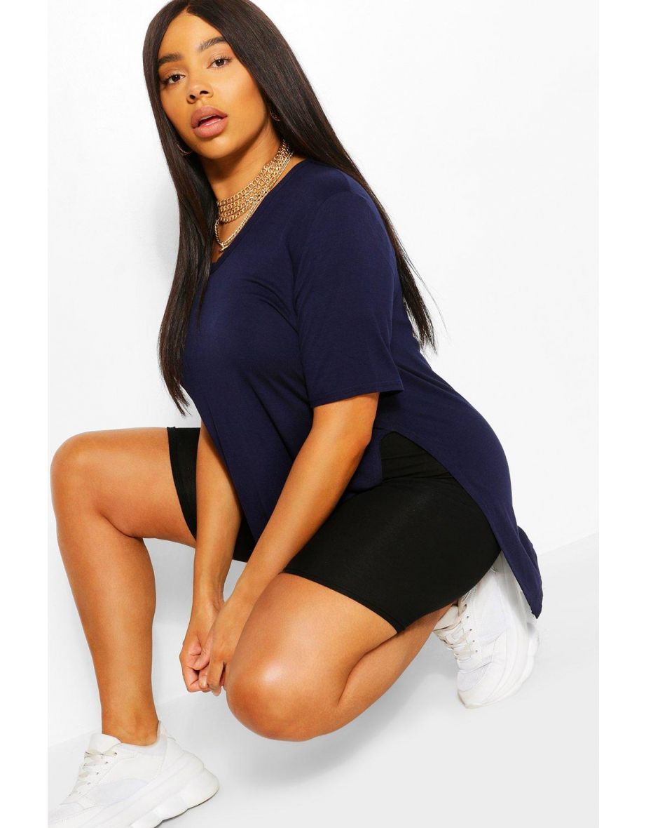 Plus V Neck Split Side Longline T-Shirt - navy - 3