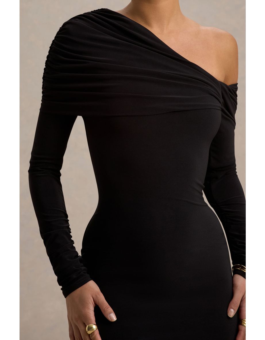 Cleo | Black Bodycon Midi Dress With Mesh Sleeves - 5
