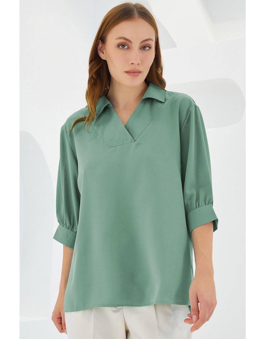 Women's Green Shirt Collar Satin Blouse