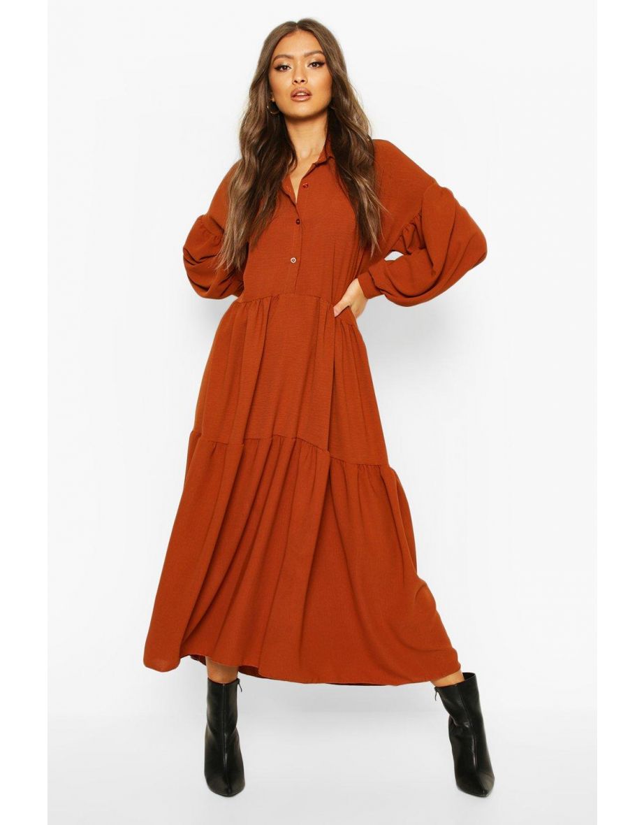 Oversized Tiered Maxi Shirt Dress - rust