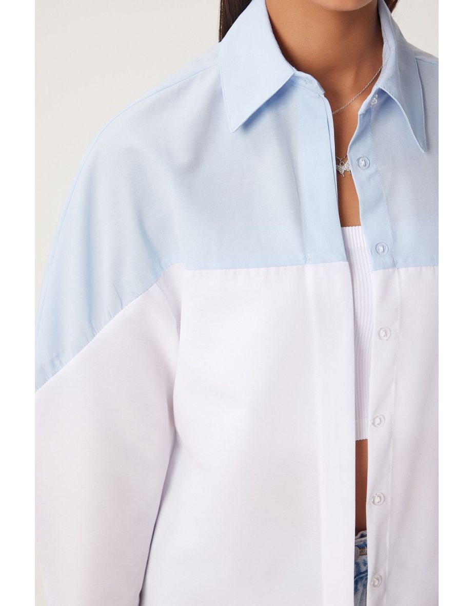 Women's Sky Blue White Block Color Boyfriend Shirt - 5
