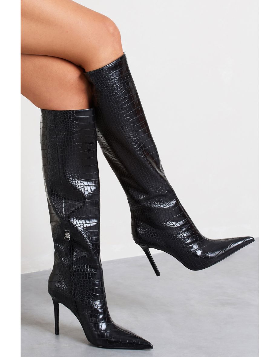 Uptown | Black Croc Fitted Over-Knee Pointed Heeled Boots