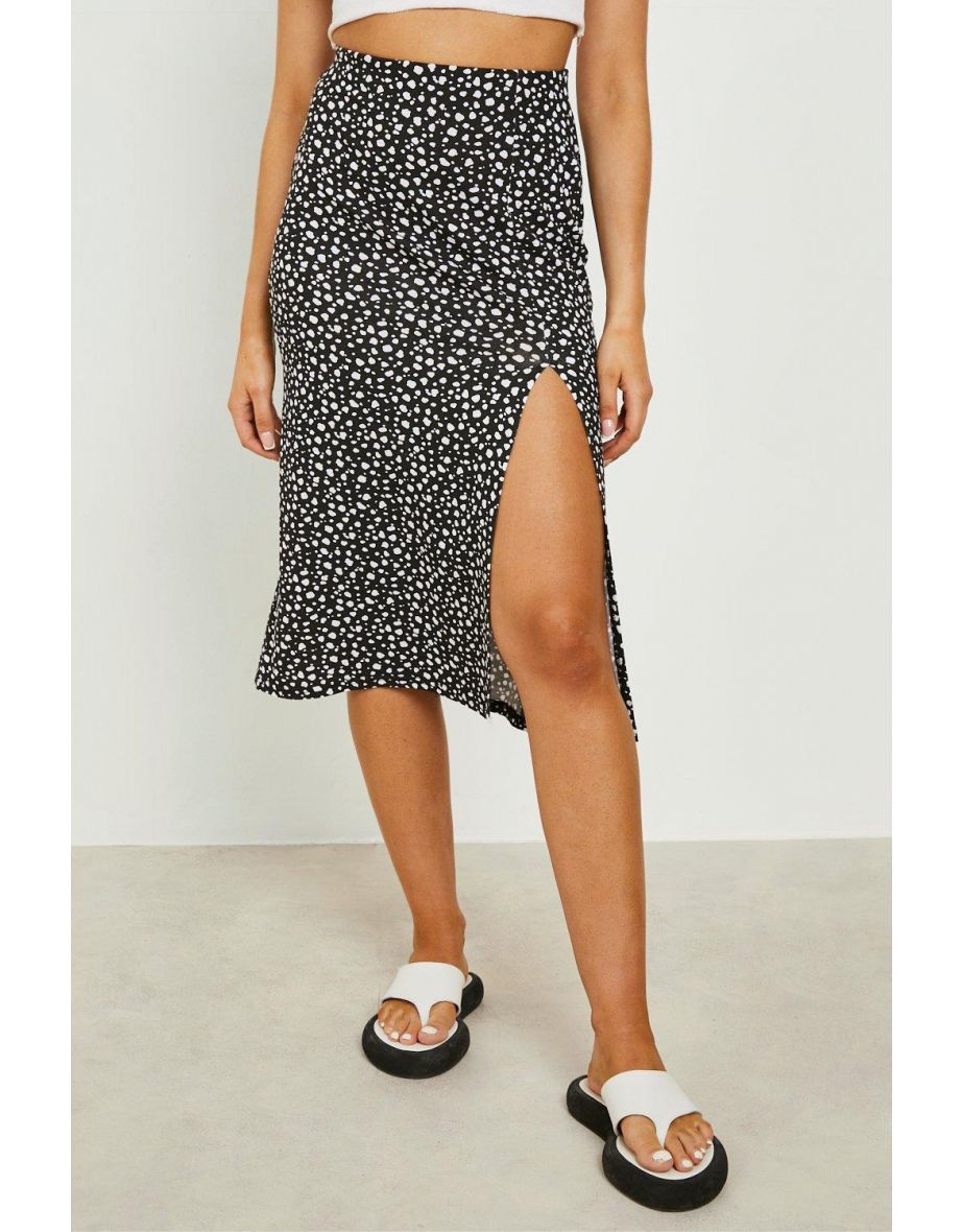 Polka Printed Jersey Thigh Split Midi Skirt - black - 3