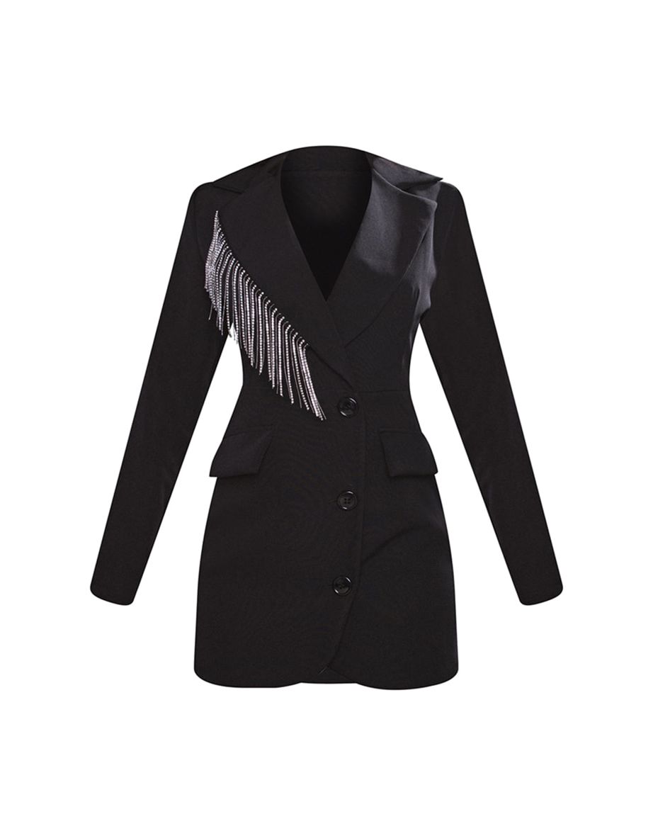 Black Tailored Diamante Tassel Trim Long Sleeve Blazer Dress - 4