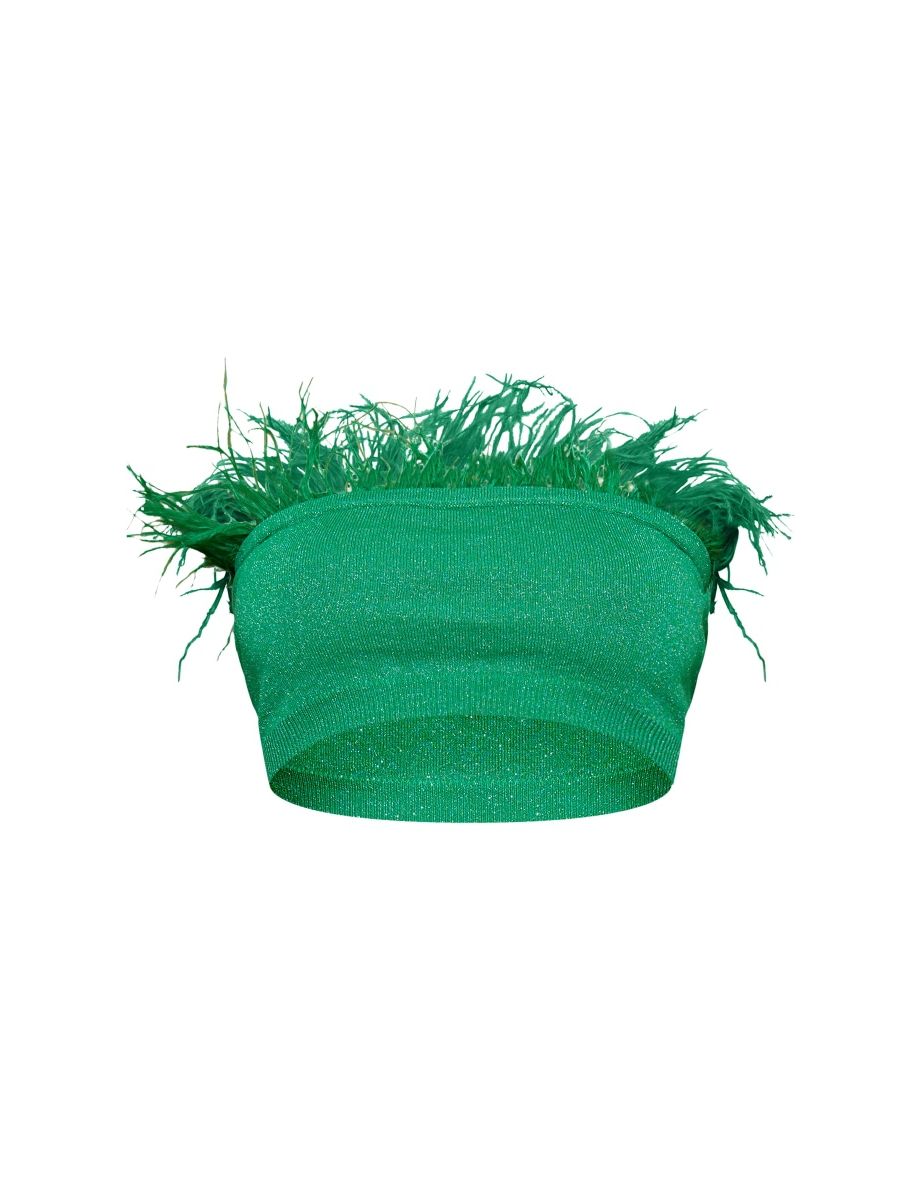 Green Glitter Knit Feather Trim Crop Top - 4