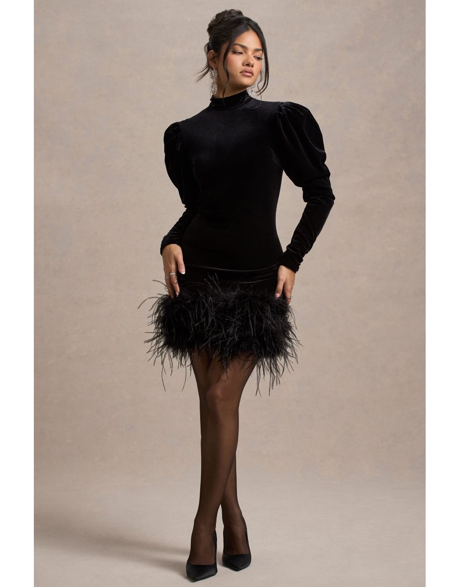 Issa | Black Velvet Long-Sleeve Mini Dress With Feather Trim