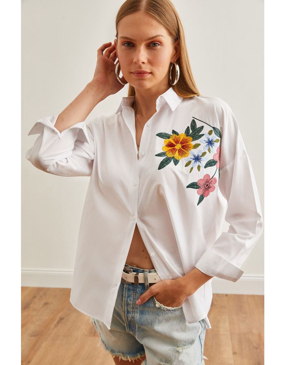 Women's Floral White Embroidery Detailed Oversize Woven Shirt
