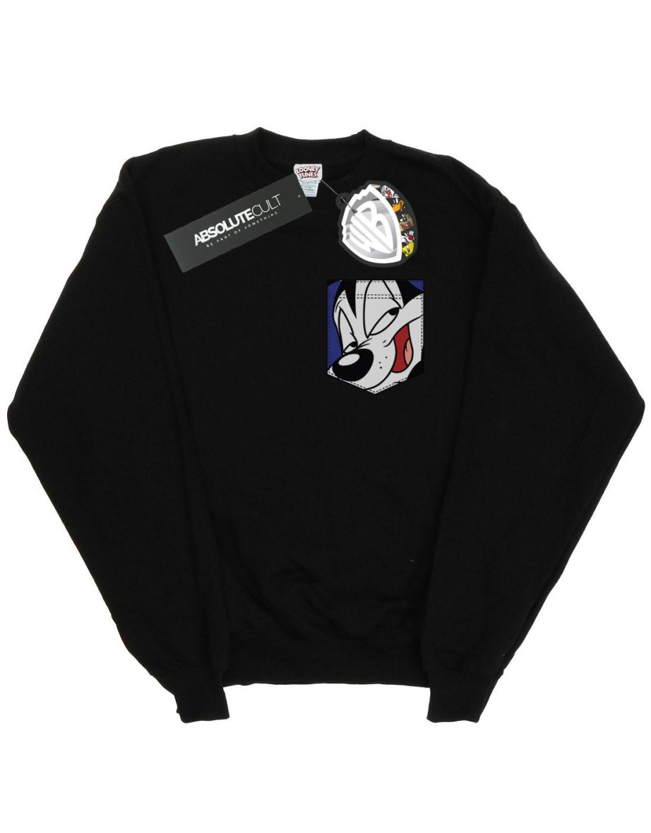 Looney Tunes Girls Pepe Le Pew Face Faux Pocket Sweatshirt - Black