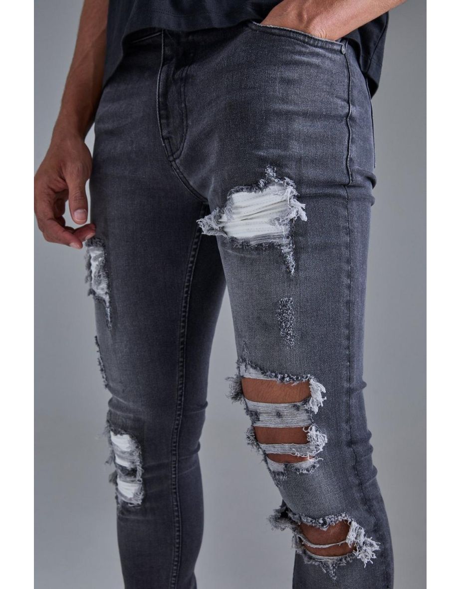 Skinny Stretch Stacked White Pu Biker Rip & Repair Jeans - grey - 2