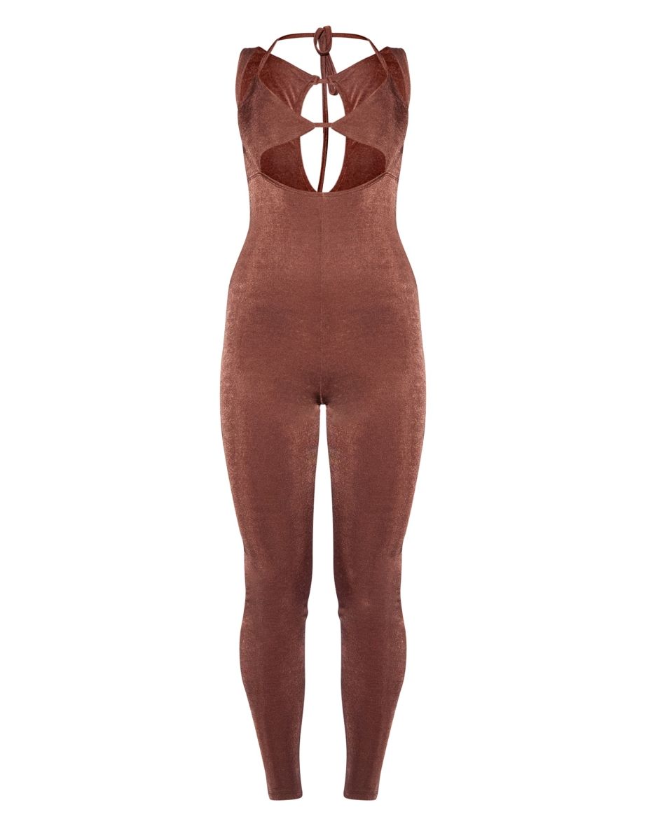 Chocolate Acetate Slinky Bralette Strappy Jumpsuit - 4