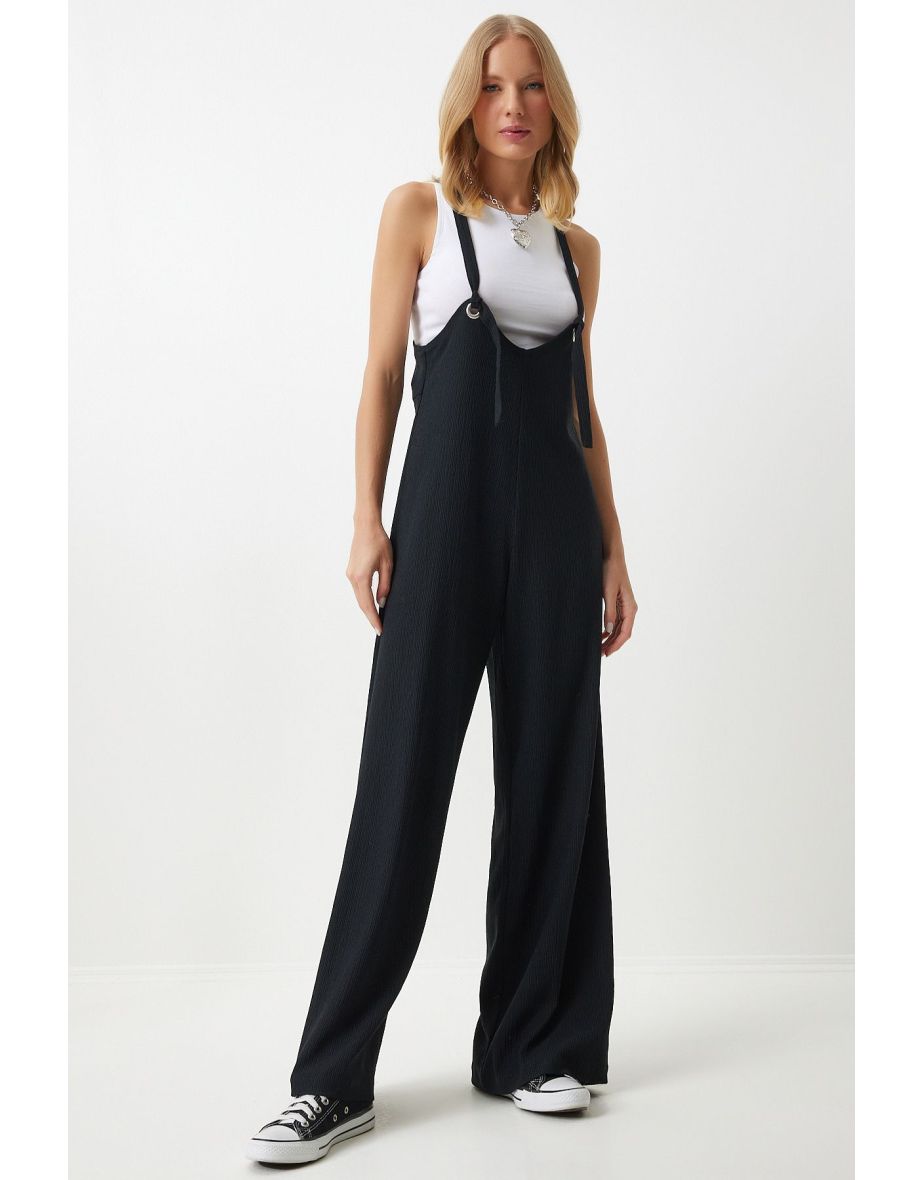 Women's Black Strap Wide Leg Summer Knitted Jumpsuit