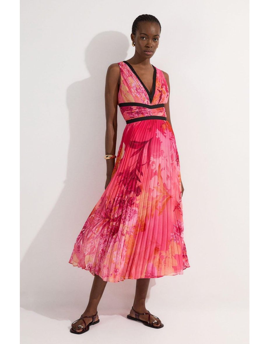 Pleated Floral Bodice Detail Woven Maxi Dress