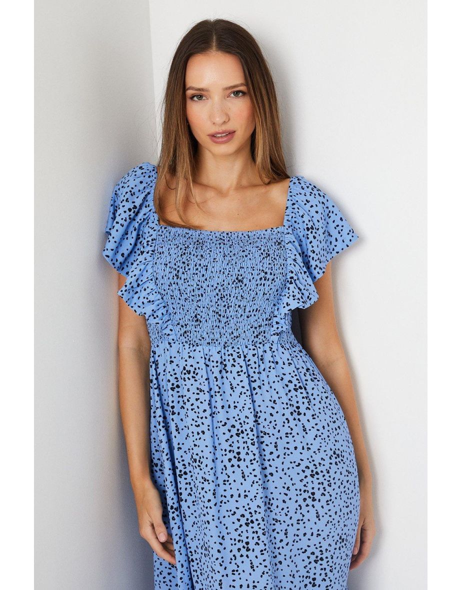 Blue Spot Shirred Bodice Ruffle Sleeve Dress - 3