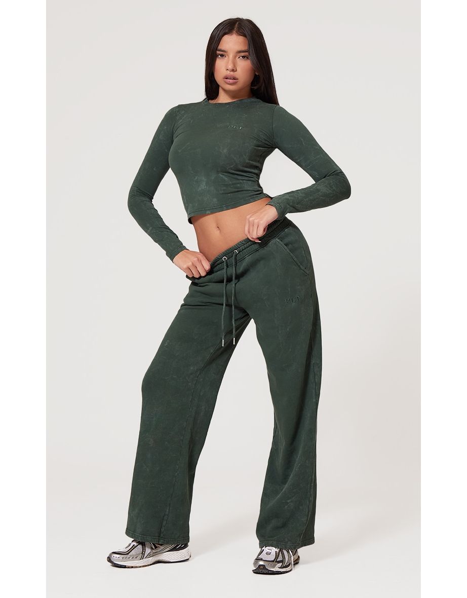PRETTYLITTLETHING Forest Green Washed Longline Cotton Long Sleeve Fitted Crop Top