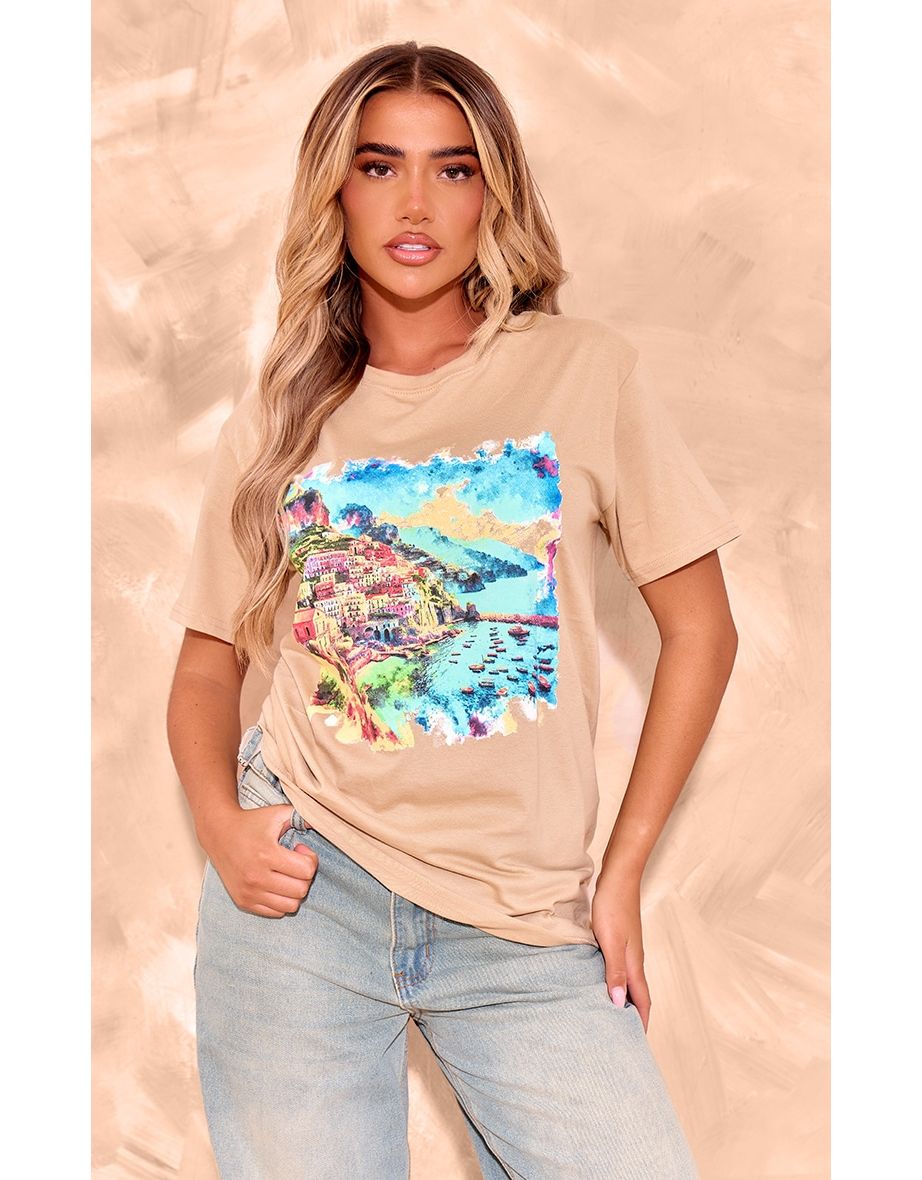 Sand Portofino Printed Oversized T Shirt