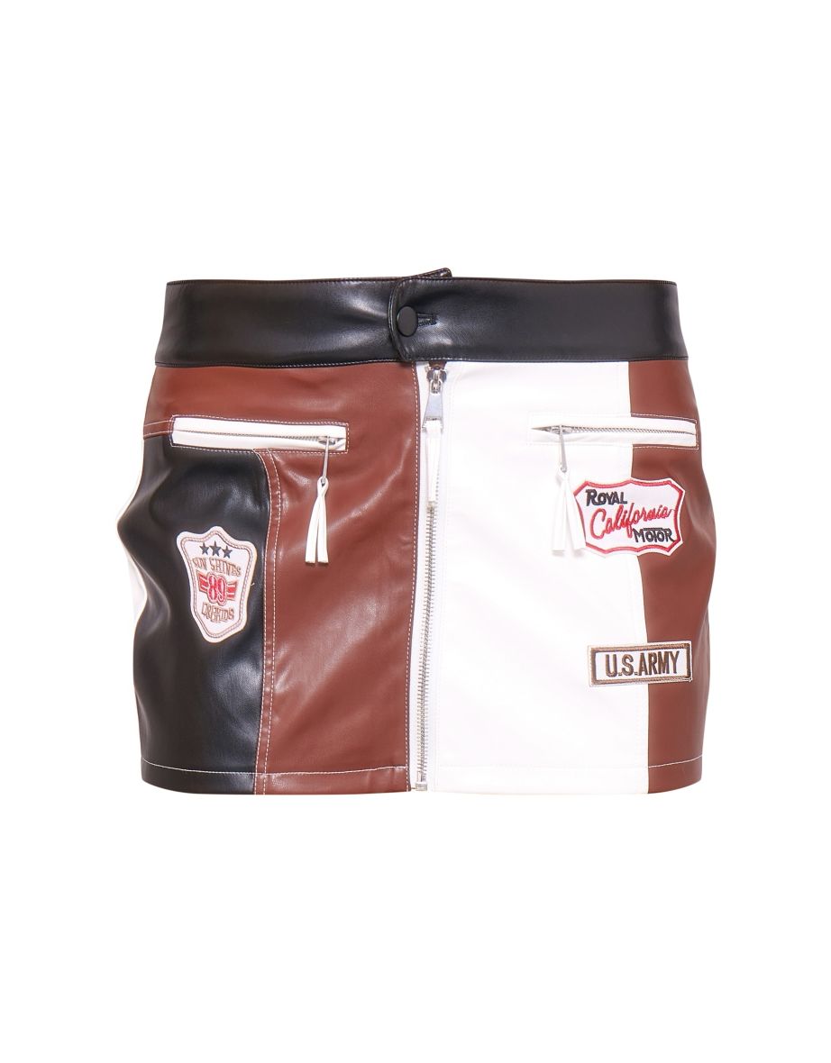 Brown Faux Leather Colour Block Zip Detail Micro Mini Skirt - 5