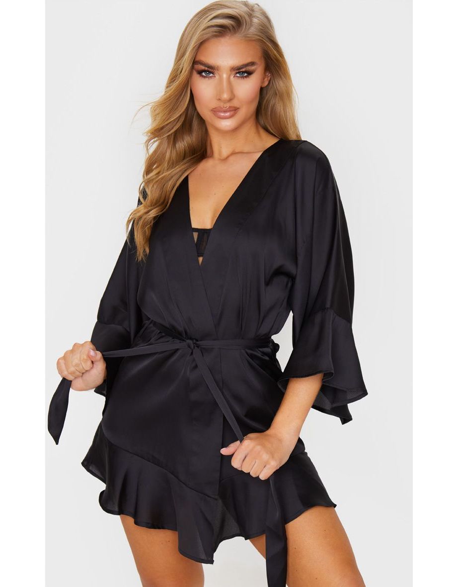 Black Frill Sleeve Satin Robe