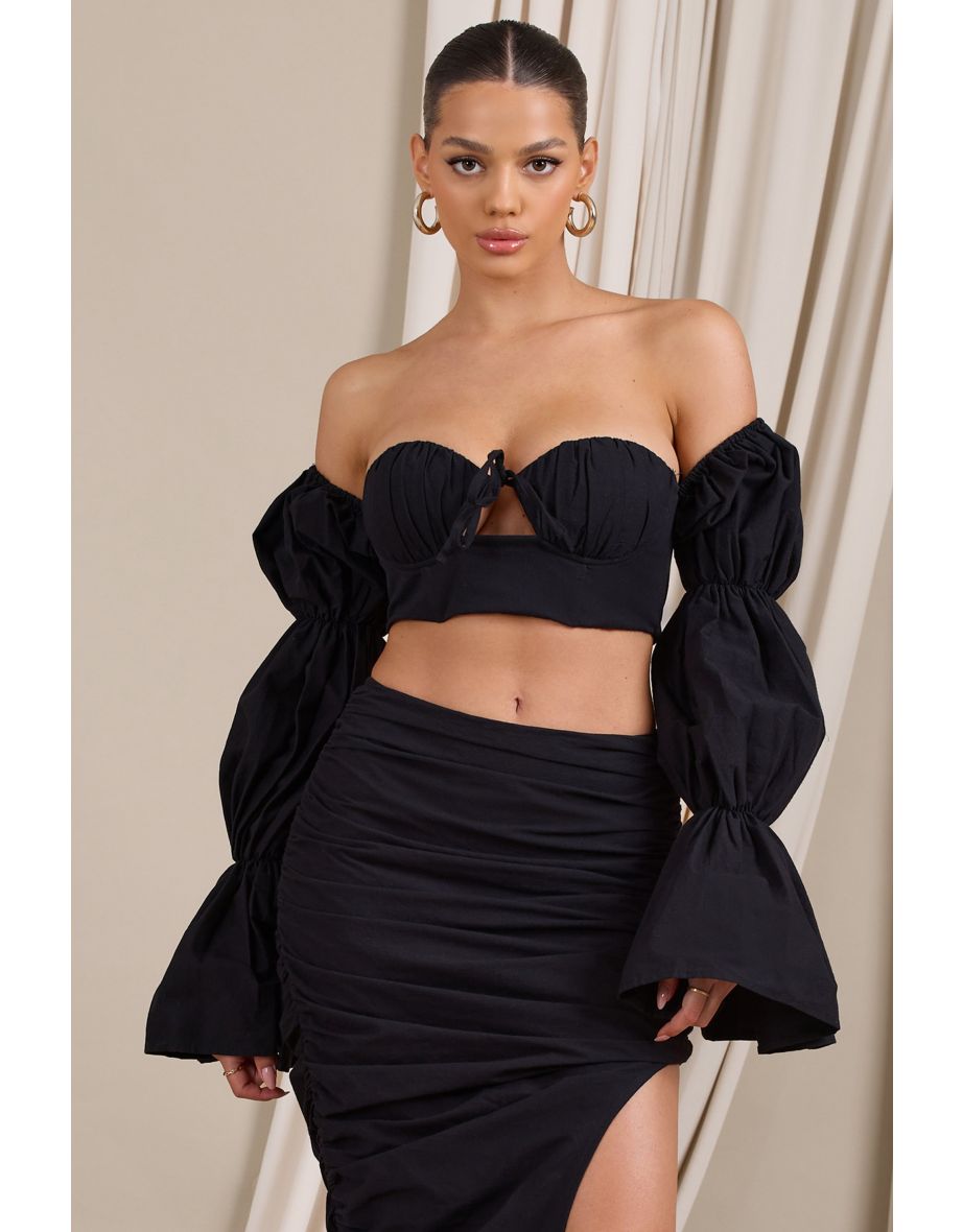 Roman | Black Bardot Puff-Sleeved Crop Top - 3