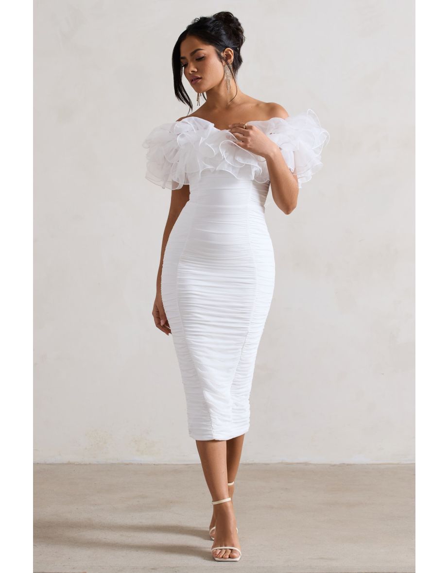 Ladylike | White Ruched Bardot Midi Dress With Organza Trim - 4