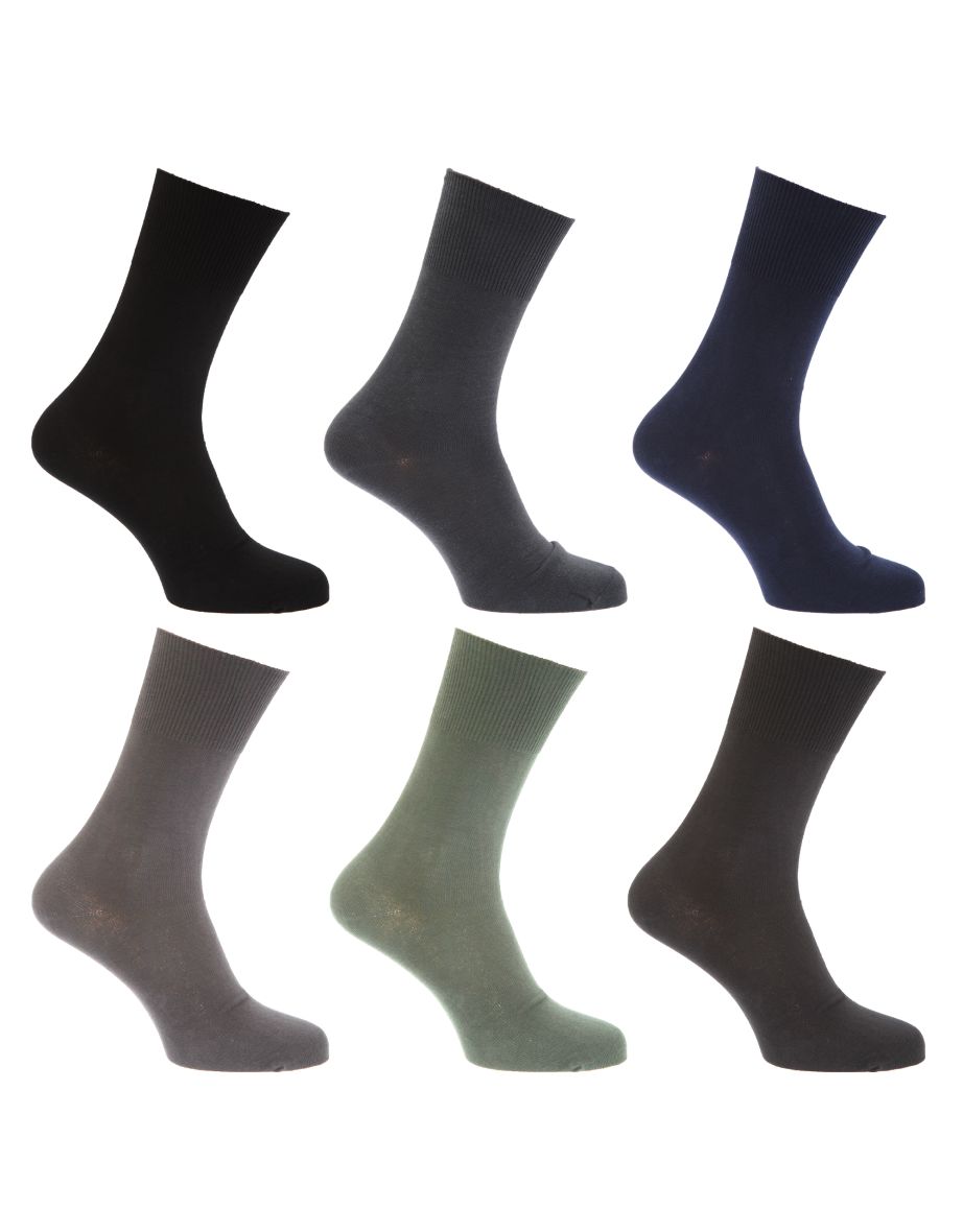 Mens Stay Up Non Elastic Diabetic Socks (Pack Of 6) - Black/Grey/Navy