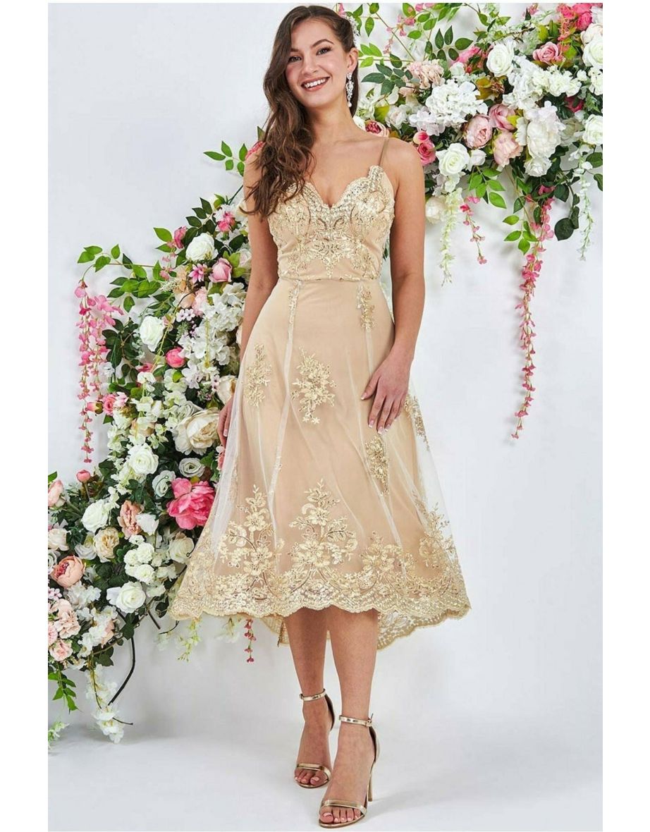 Goddiva High Low Scalloped Midi Dress - Gold