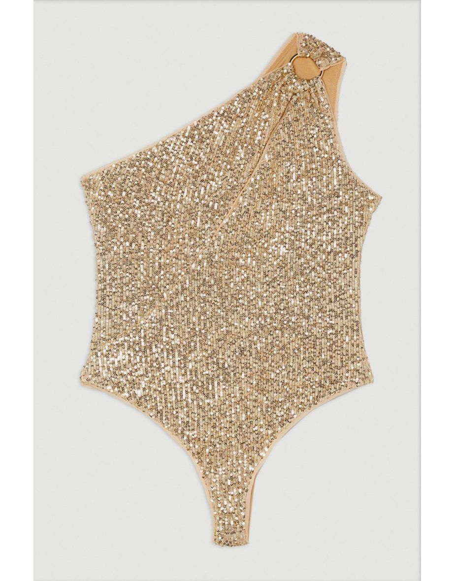 Sequin Cut Out Asymmetric Thong Swimsuit - 3