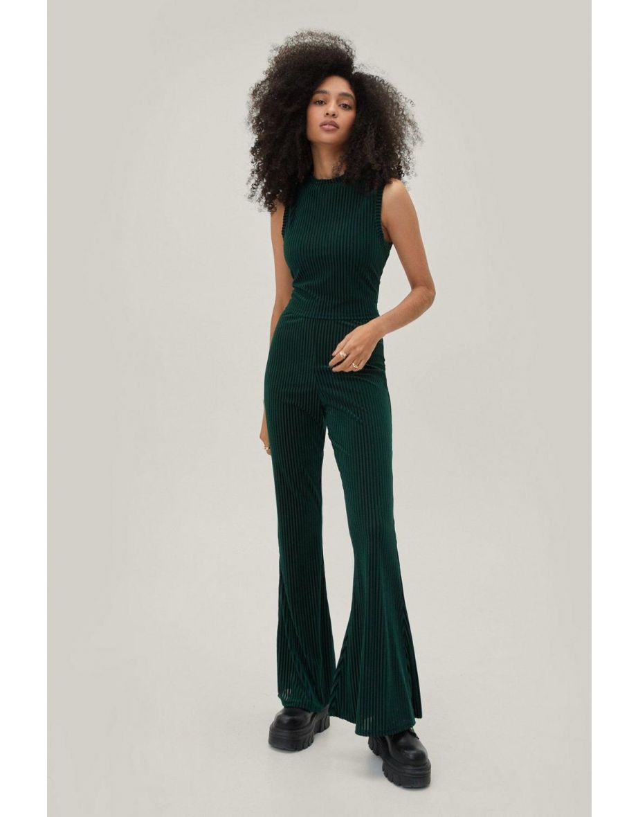Rib Velour Tank And Flare Set - bottle green