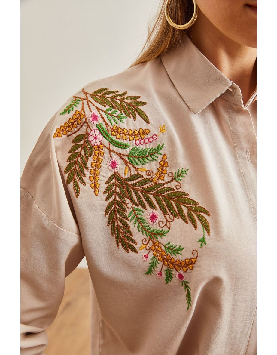 Women's Leaf Stone Embroidery Detailed Oversize Woven Shirt - 6