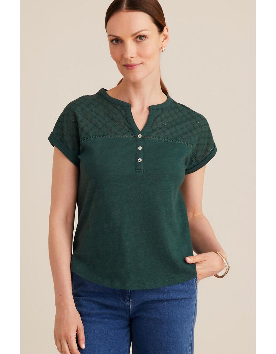 Cotton Grandad Collar T-Shirt with Short Sleeves