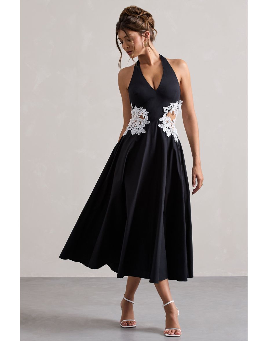 Windermere | Black Plunge Midi Dress With Floral Cut-Out