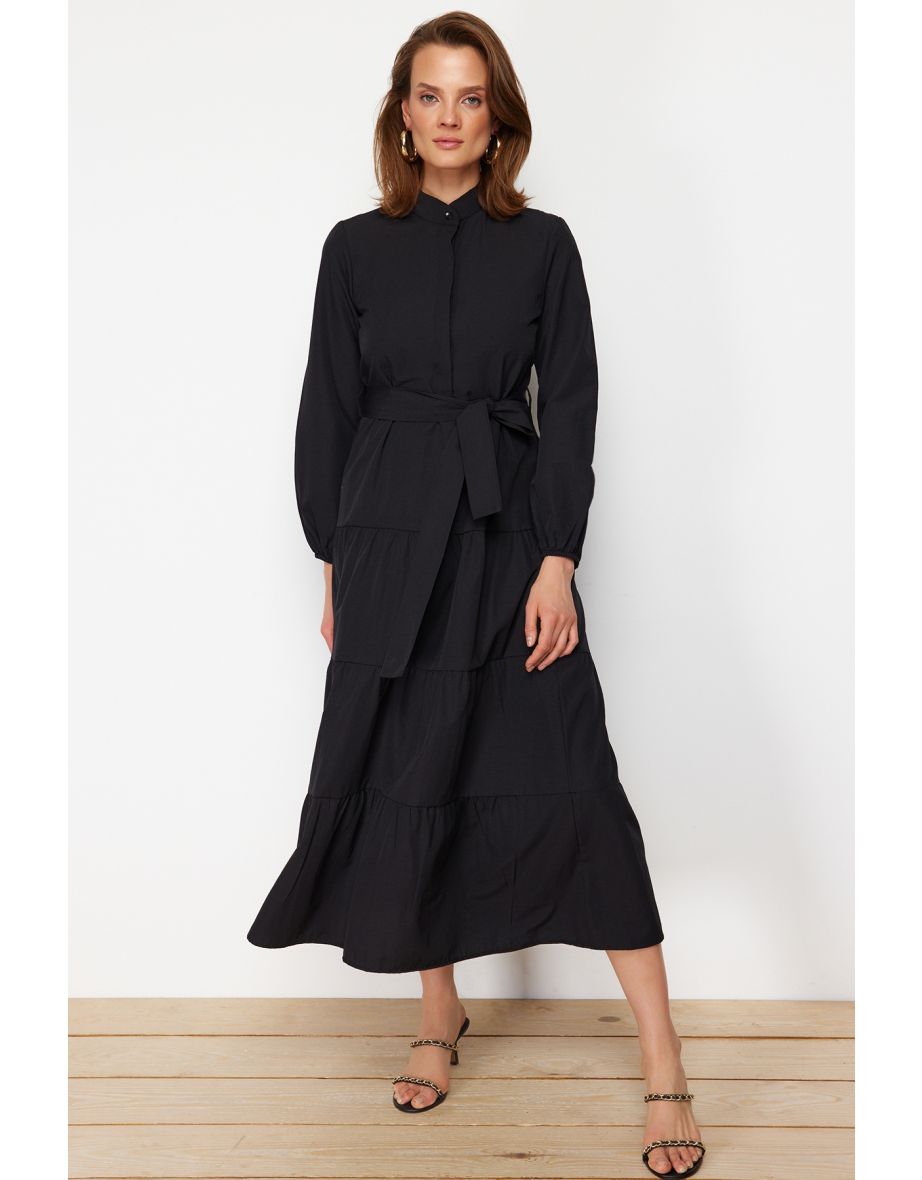Black Belted Grand Collar Button Detailed Woven Dress