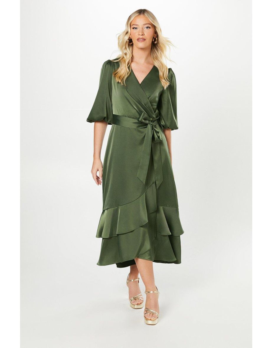 Debut London By Coast Satin Tiered Wrap Dress - olive