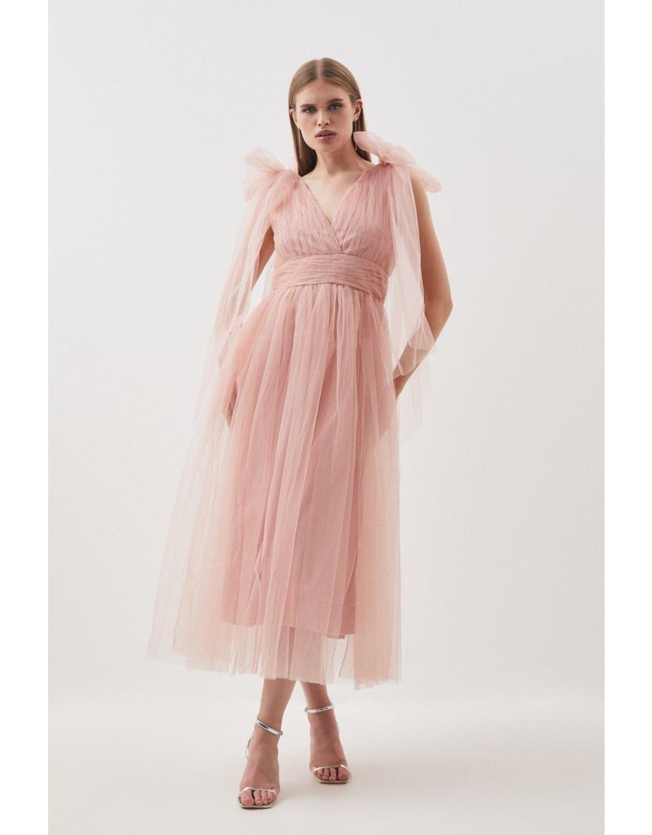 Tulle Tie Straps Plunge Midi Dress