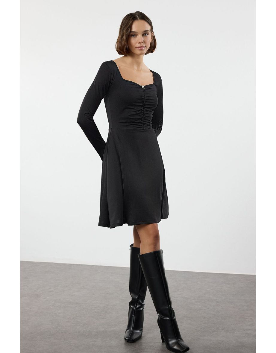Black Mini Lined Skater Floral Detailed Gathered/Draped Stretch Knit Dress
