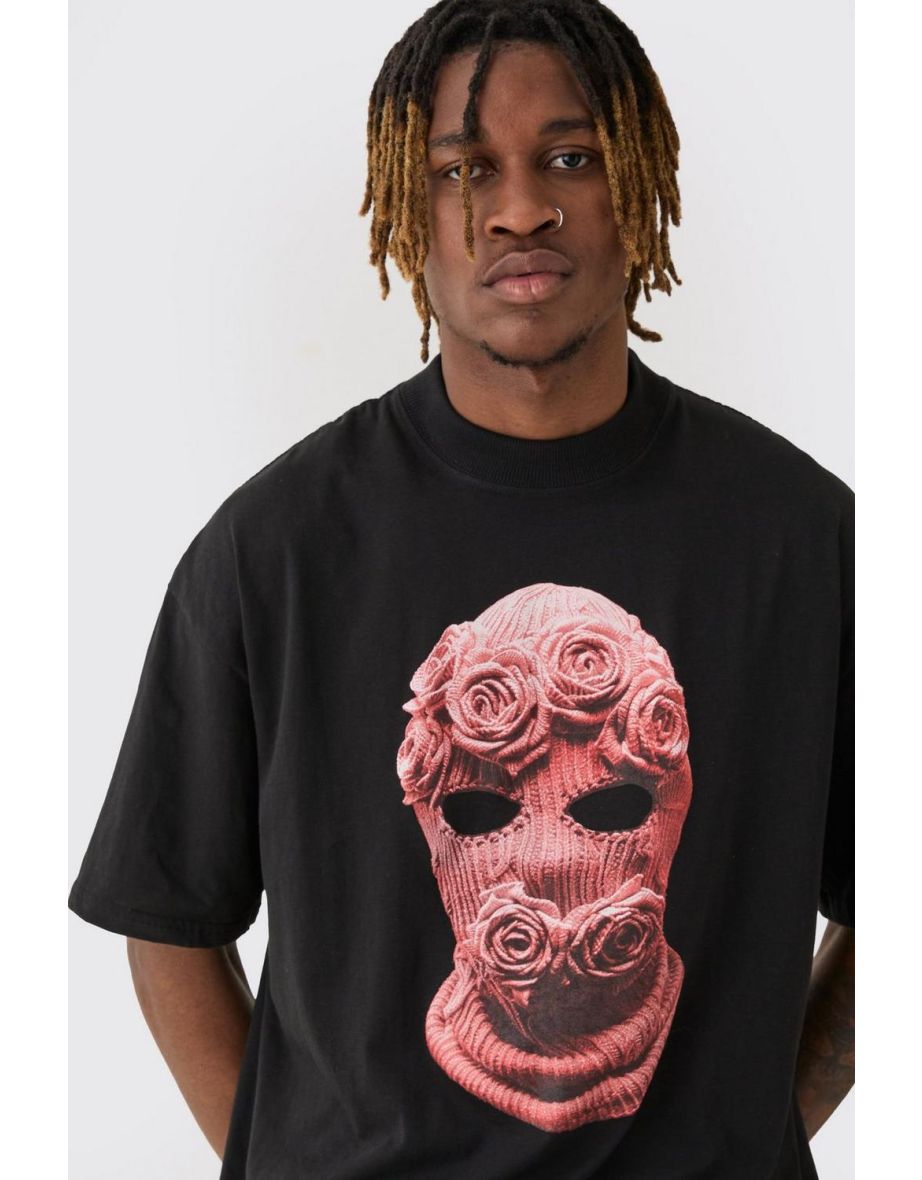 Tall Oversized Balaclava Floral Print T-shirt - black - 2
