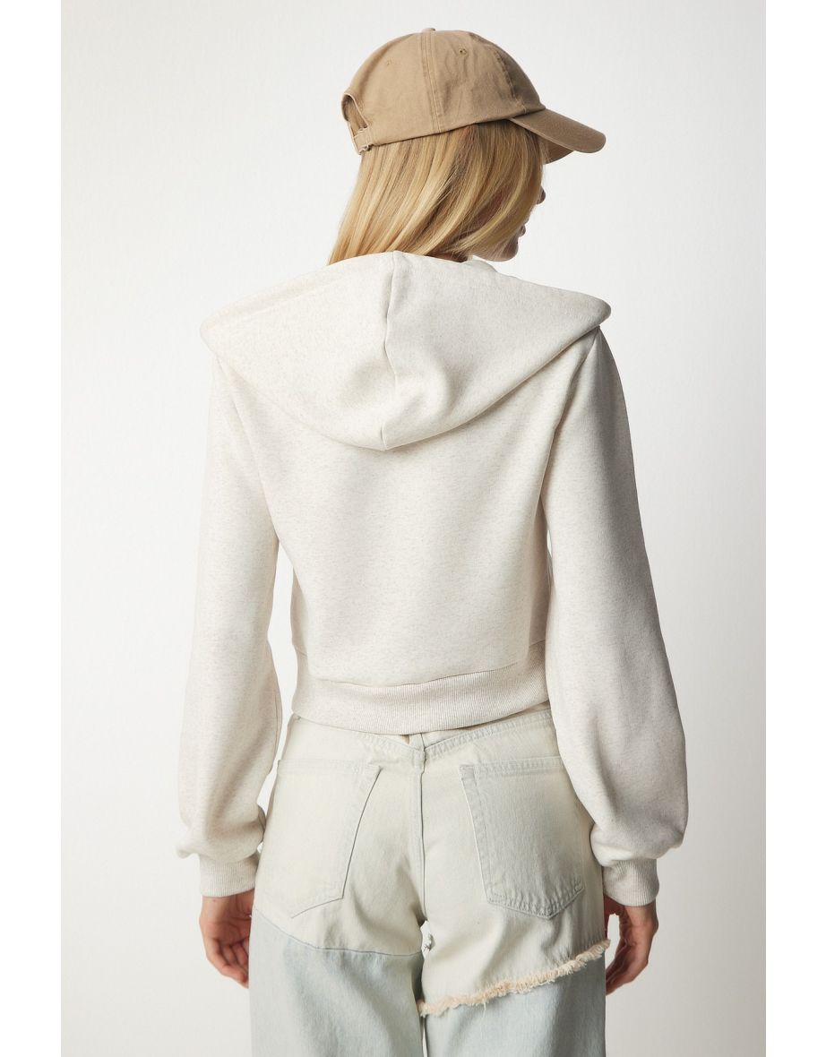Women's Beige Hoodie with Zipper and Crop Sweatshirt - 5