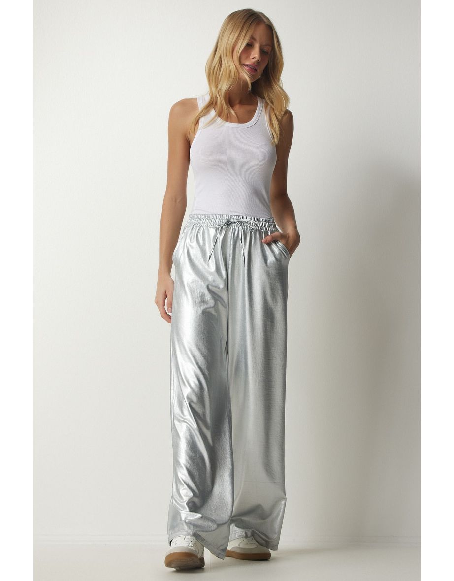 Women's Metallic Gray Pocket Shiny Palazzo Trousers - 7