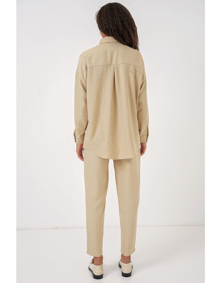 Women's Beige Oversize Linen Bottom Top Set - 4