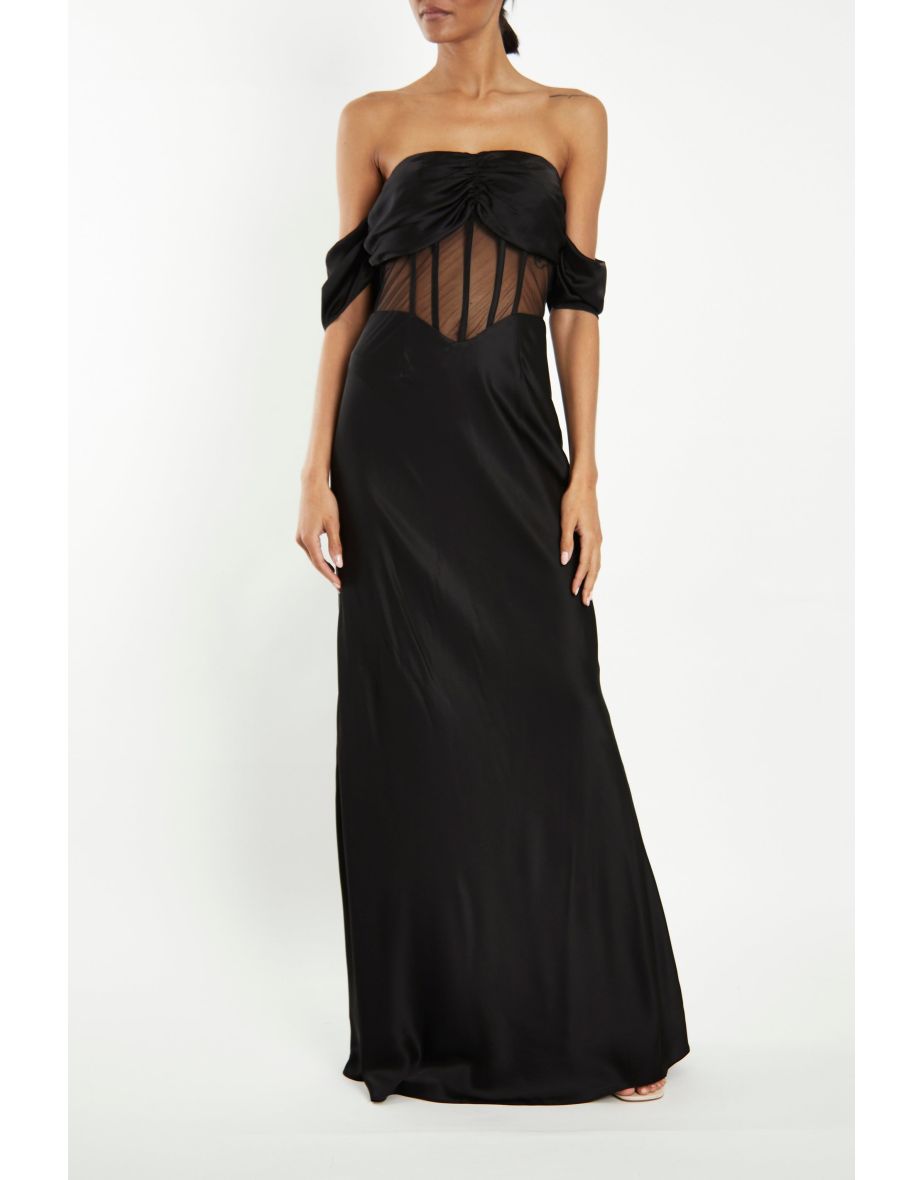 Agnes Black Satin Corset Sheer Maxi-Dress