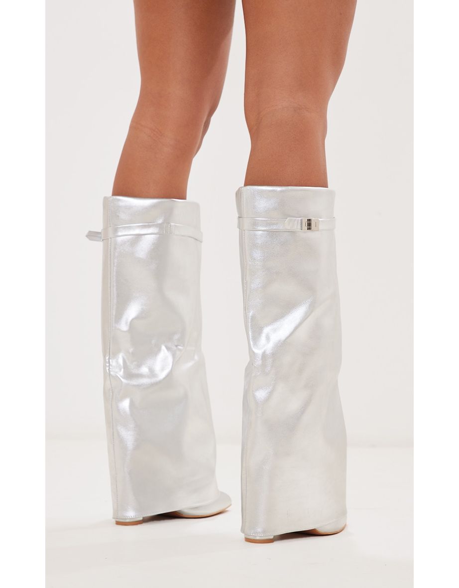 Silver Pu Matt Fold Over Knee Block Heeled Boots - 3