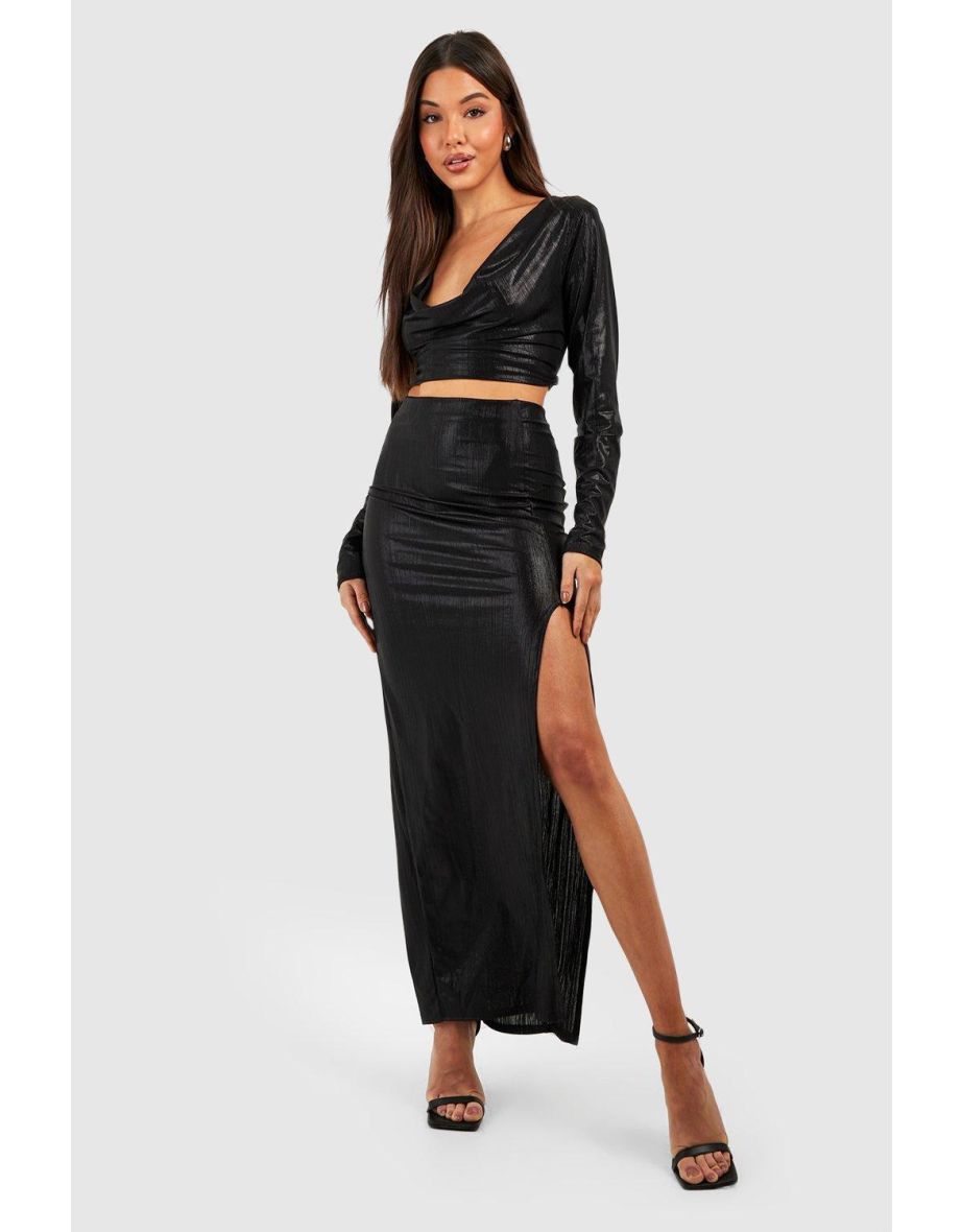 Metallic Cowl Top & Maxi Skirt Set - black