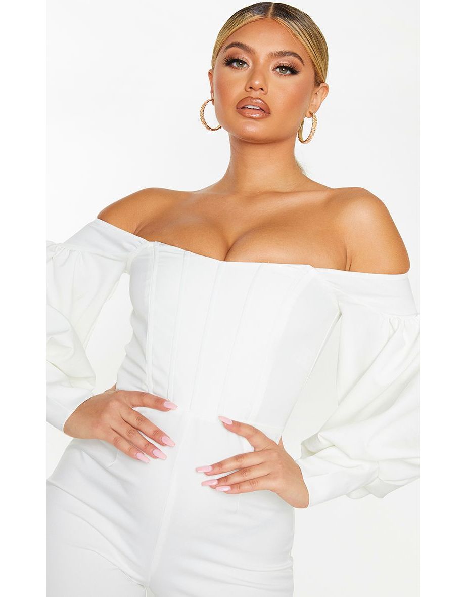 White Bardot Balloon Sleeve Corset Jumpsuit - 4