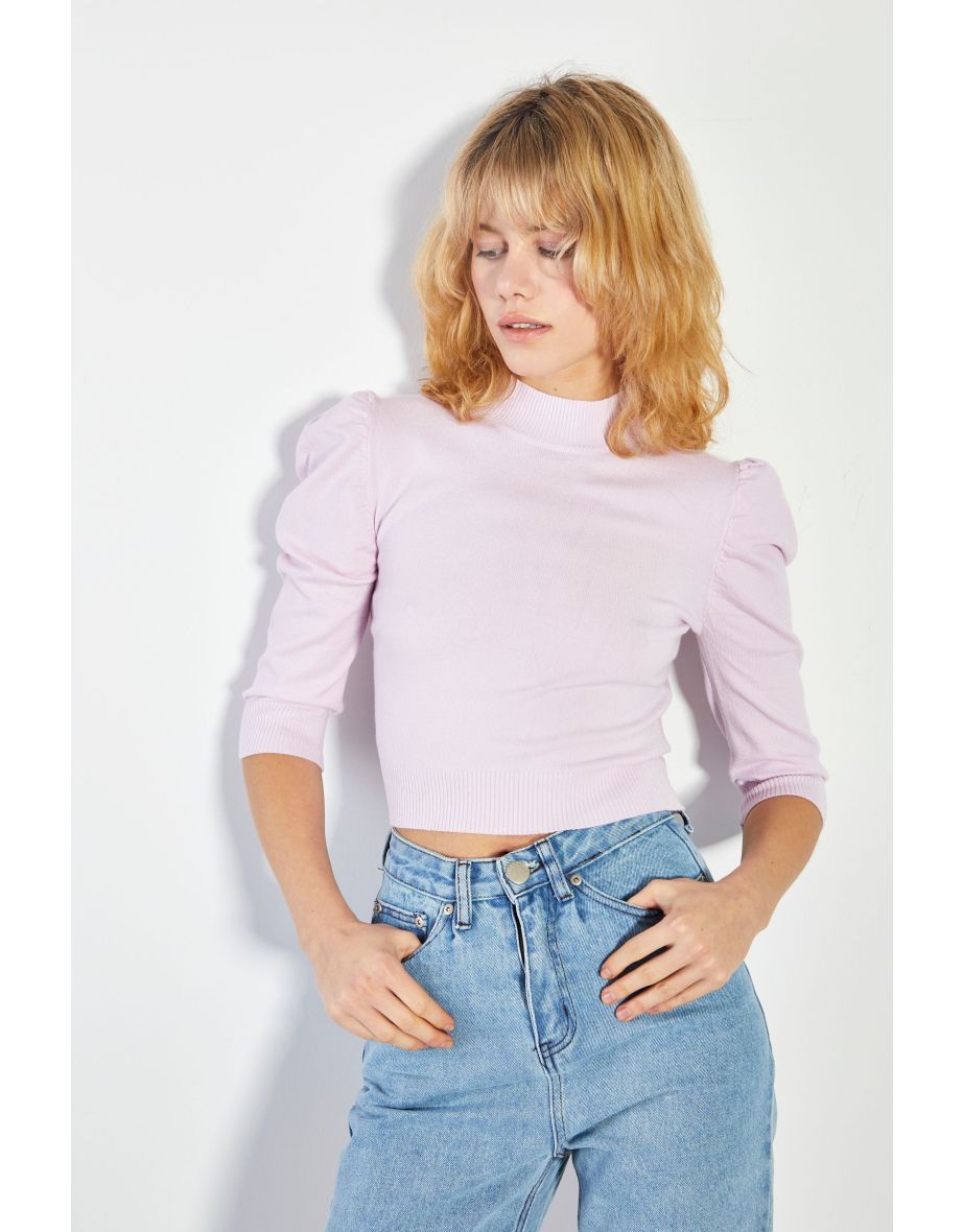 Glamorous Soft Pink Puff Shoulder Crop Top