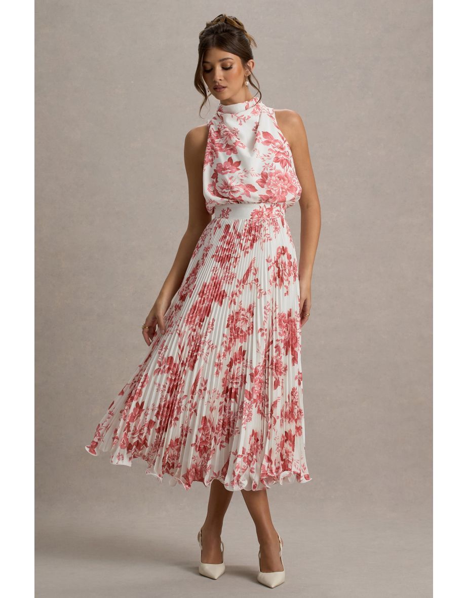 Nila | Pink Porcelain Print Cowl-Neck Midaxi Dress With Plisse Skirt