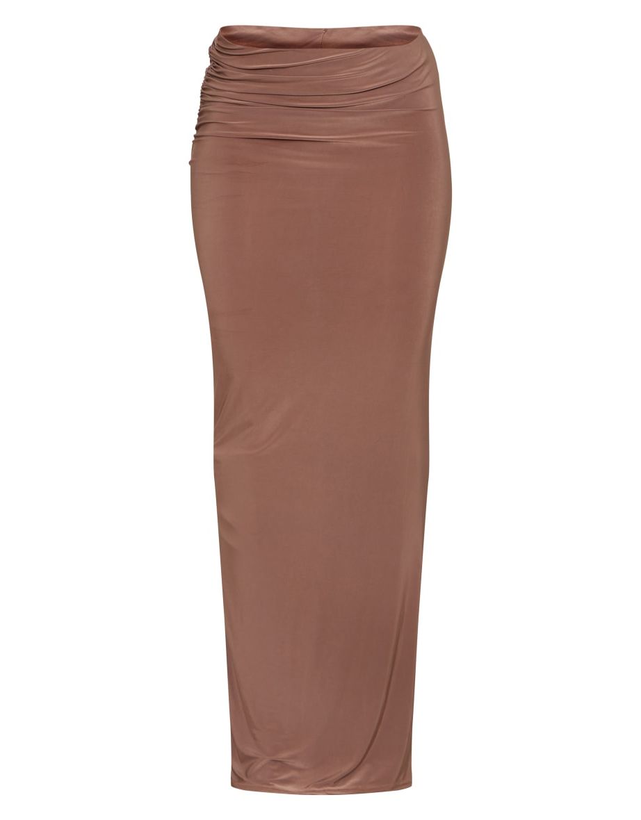 Mocha Slinky Low Rise Ruched Detail Maxi Skirt - 4