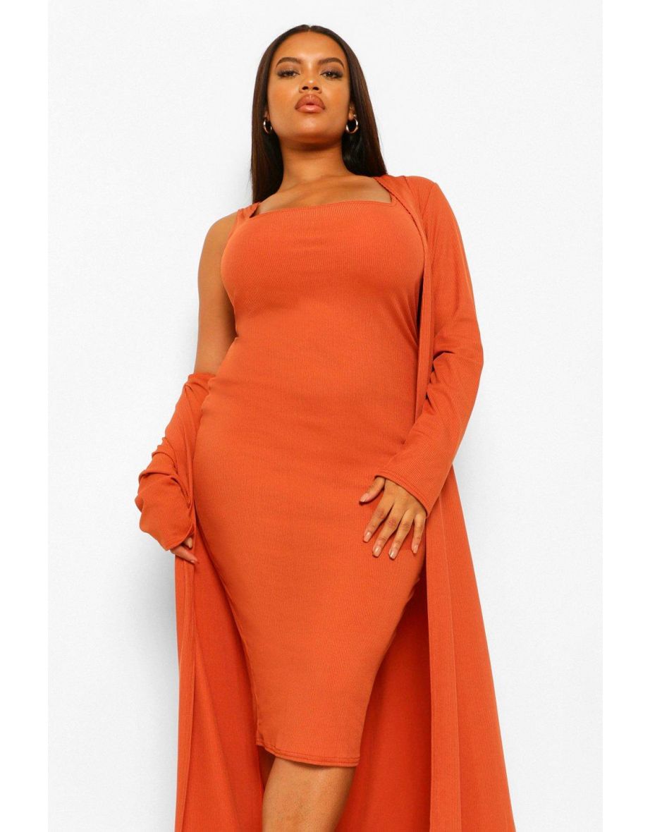 Plus Rib Midi And Kimono Dress - rust