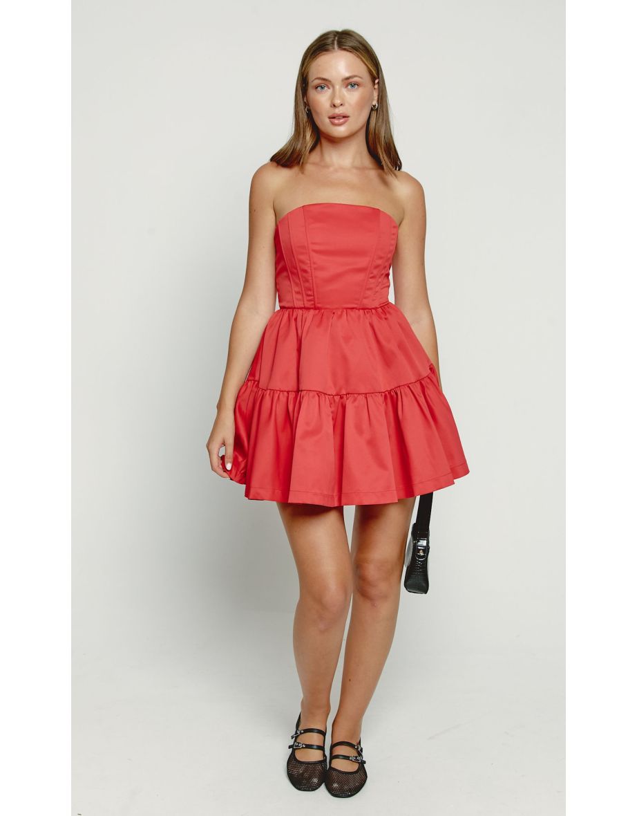 Red Bandeau Tiered Mini Dress